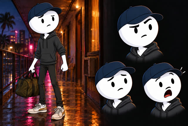 Ficha de personagem do Caíque com quatro expressões